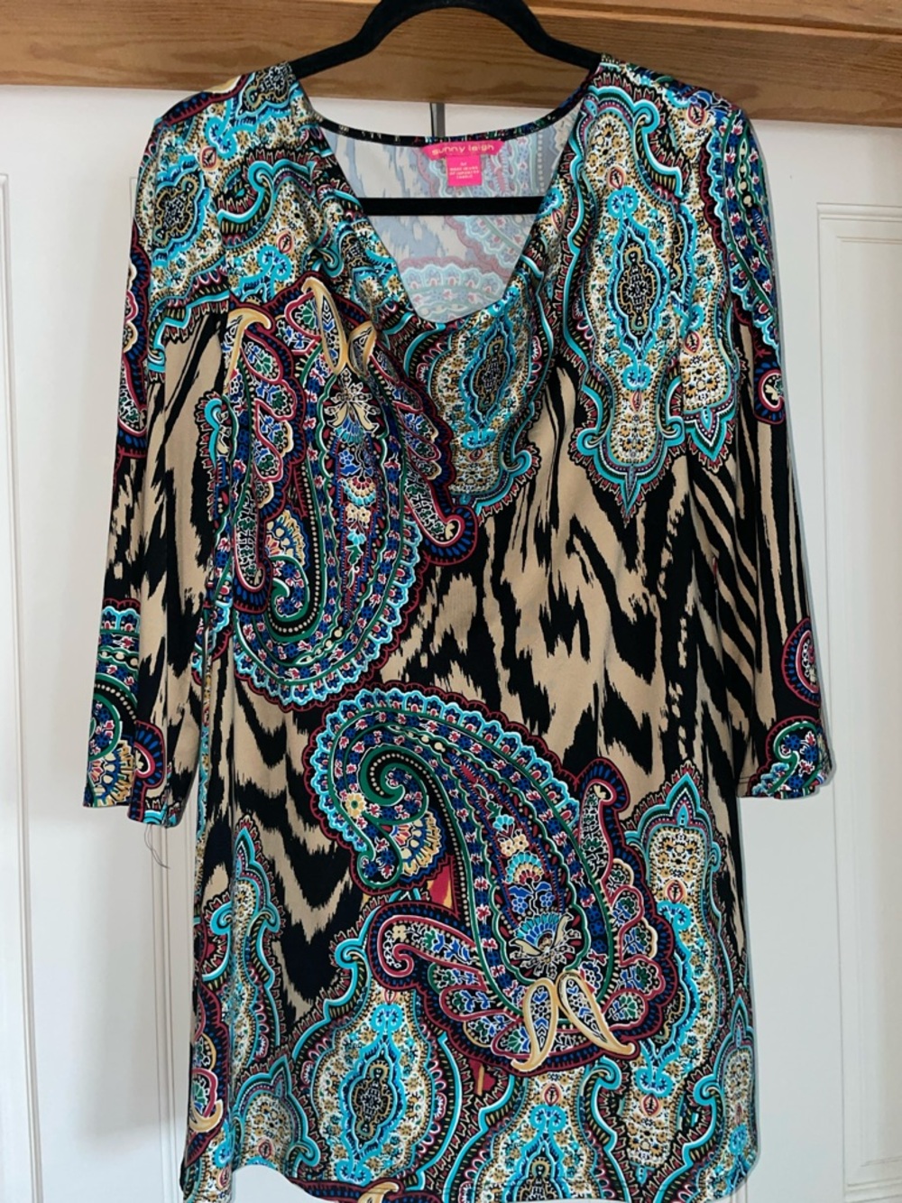 Sunny Leigh Turquoise, Beige & Black Paisley V-Neck Tunic